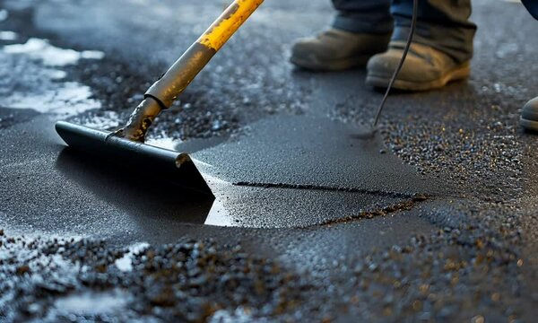A worker using a tool to apply asphalt on a surface, demonstrating construction and maintenance of roads or pavements.
