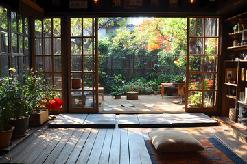Fototapeta premium Tanzanian coffee meets Japanese tea cafe, restful. An oasis of calm, a flower garden, and a modern, clean environment
