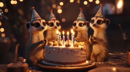 A Family of Meerkats Gathered Around a Birthday Cake