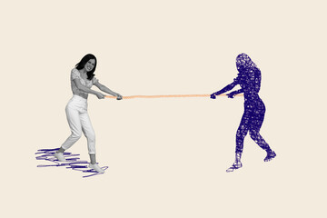 Creative composite photo metaphor collage of stressed woman struggling with herself shadow pull...