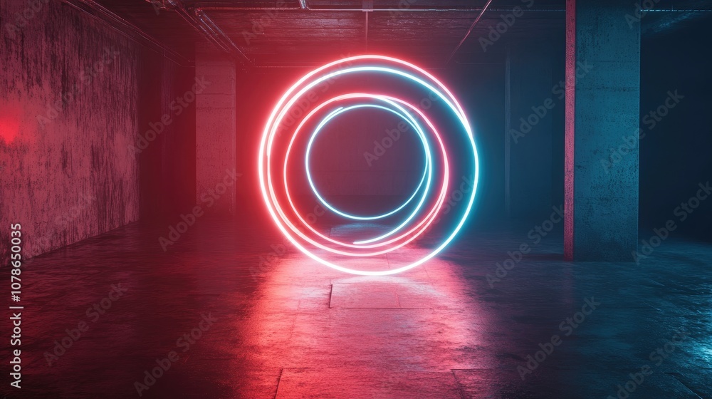 Poster neon circular elements in fluid motion and transition