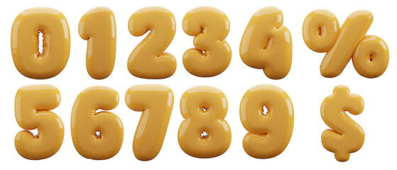 Set of gold 3d balloon numbers set, isolated on white background. Helium balloons. Party, sales, birthday, celebrate anniversary and wedding. Realistic design elements. Festive set isolated.