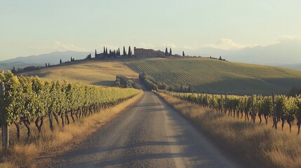 Obraz premium A winding road leads through a vineyard towards a hilltop castle in the Italian countryside.