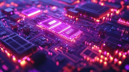 Fototapeta premium A glowing pink and blue CPU chip on a motherboard.