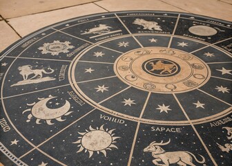 Naklejka premium Vintage Style Photography of Zodiac Signs with Celestial Elements, Decorative Astrology Symbols, and Nostalgic Aesthetic Capturing the Mystique of the Twelve Astrological Signs