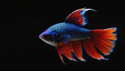 Fototapeta premium A blue and orange betta fish swims against a black background