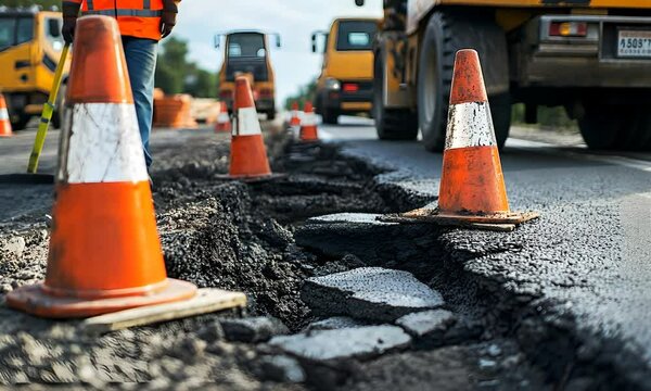 The image depicts road construction with orange traffic cones placed around a damaged asphalt area, indicating ongoing repair work.