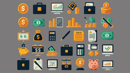 A collection of financial icons. Simple, colorful, and modern icons featuring Gold Bar, coin, dollar bill, calculator, ATM Machine, Cash Register, Stock Certificate, Briefcase, Piggy Bank, and other 