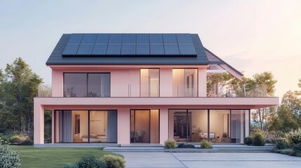 A modern, two-story house featuring large windows, a balcony, solar panels, and surrounded by greenery, showcasing a sustainable architectural design.