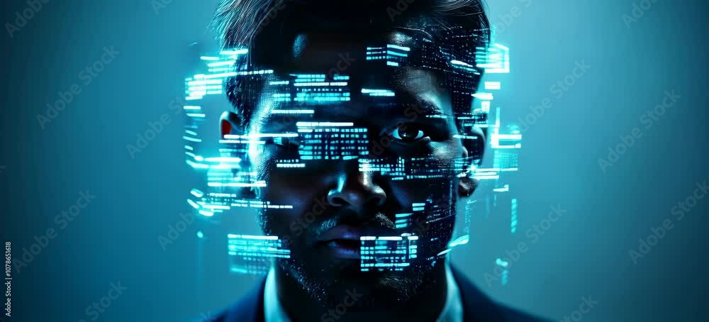 Poster adult man head with virtual technology data on face. generative video ai technology.
