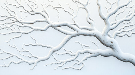 Fototapeta premium Abstract 3D wall art of intertwined branches, resembling a relief sculpture in white tones, creating a visually striking and organic pattern against a subtle textured background.