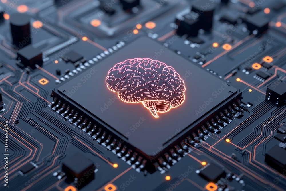 Poster close-up of a circuit board with stock components symbolizing brain chip advancements and neuronal g