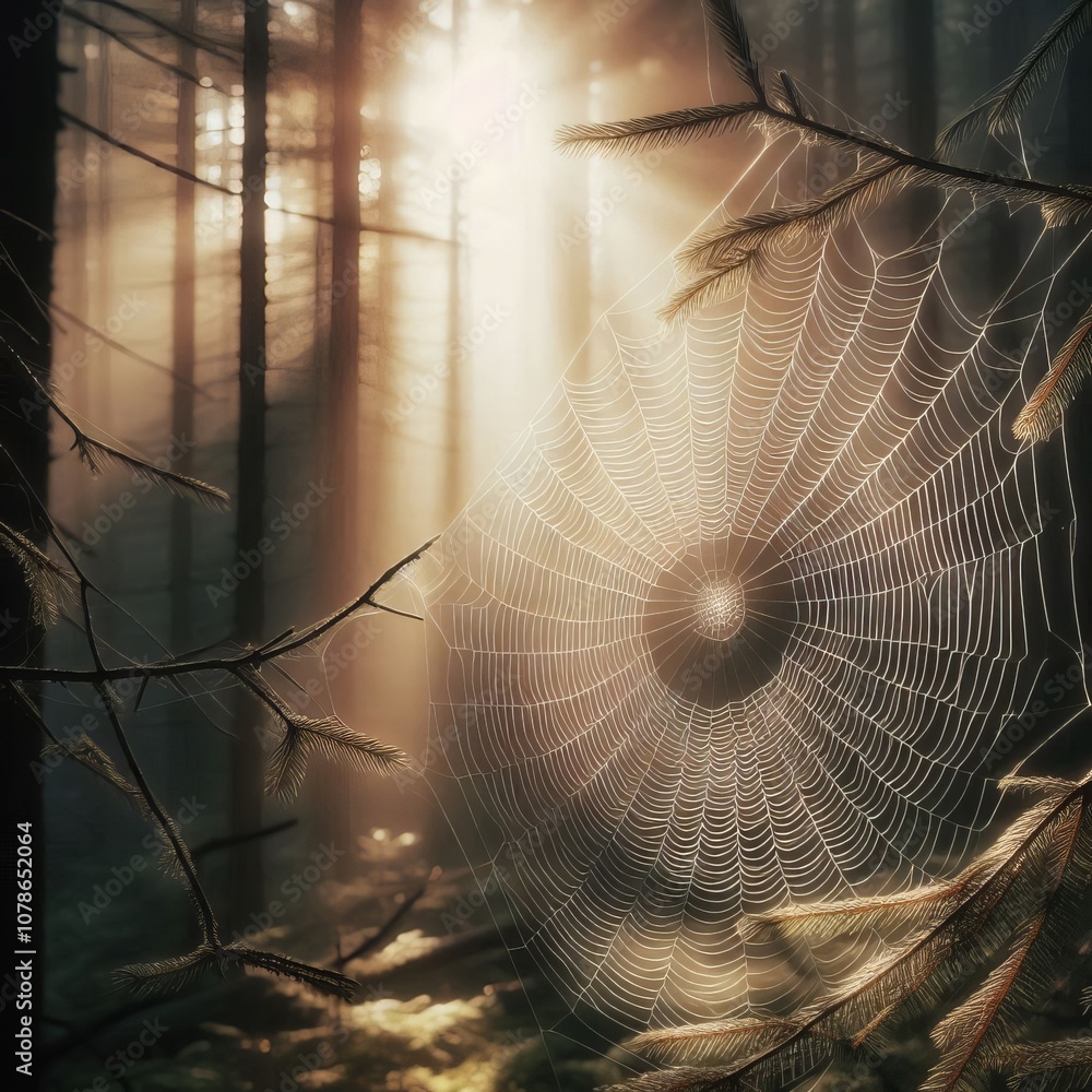 Wall mural spider web between two branches a spider web stretched between t