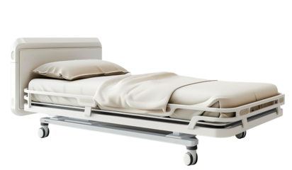 Modern Hospital Bed with Soft Linens and an Adjustable Frame for Patient Comfort in a Clinical Setting, isolated transparent background