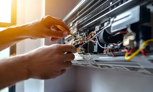 The image shows the interior components of an air conditioning unit being inspected or repaired, highlighting the complexity of its electrical and mechanical systems.