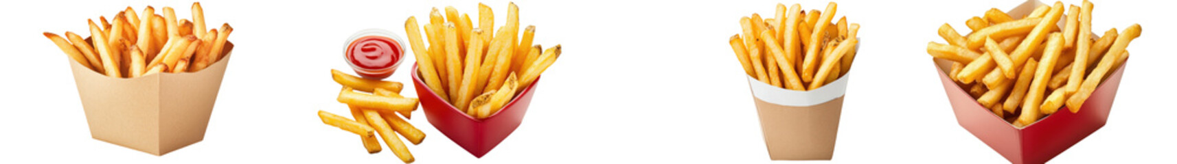 An assortment of freshly fried golden brown French fries served in various cardboard and paper containers showcasing the classic fast food snack in a casual and appetizing display
