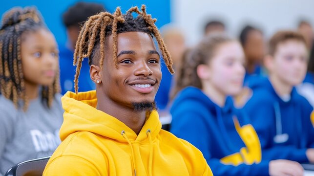 Teenagers gathered around a teacher explaining mental health importance in class.