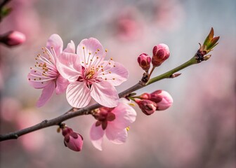 Watercolor Painting of a Delicate Pink Flower with Buds in a Soft, Dreamy Background - Perfect for Nature Lovers and Floral Art Enthusiasts