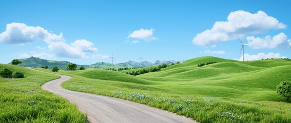 In an eco-friendly and sustainable manner, solar panels and wind turbines harness the power of nature while producing clean electricity on a scenic hillside landscape