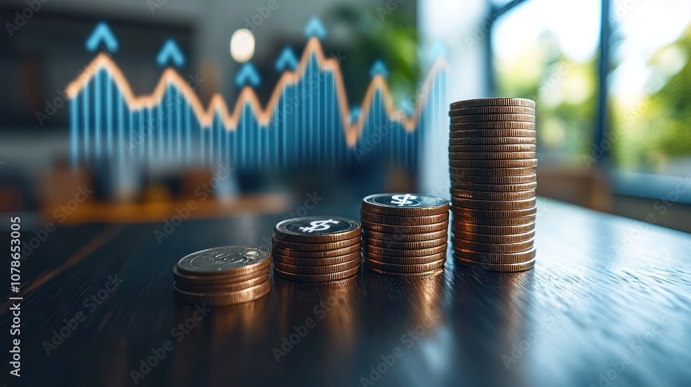 Poster coin stacks with upward arrow chart in background.