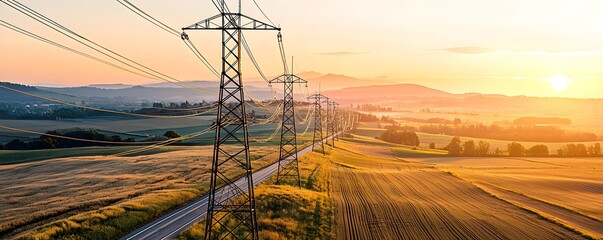 Natural Energy Flows Through Power Lines in a Serene Rural Landscape at Sunset Highlighting Transmission Infrastructure and Scenic Views