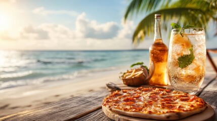 A stunning beach view accompanied by a savory pizza and a chilled beverage, highlighting the essence of a perfect tropical escape setup for ultimate relaxation.