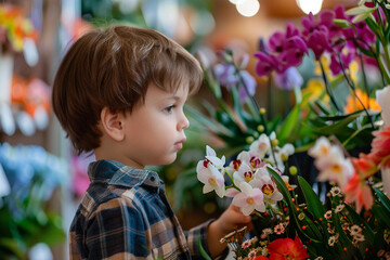 Naklejka premium Generative AI Cute Baby kid child girl boy in Florist Shop Surrounded by Flowers