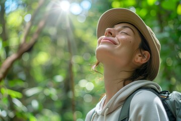 Backpacking in nature for outdoor wellness and adventure, featuring a woman exploring the forest, trekking with gear, and embracing an eco-friendly lifestyle