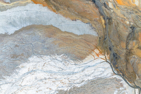 Aerial view of colorful mineral patterns at Riotinto Mines
