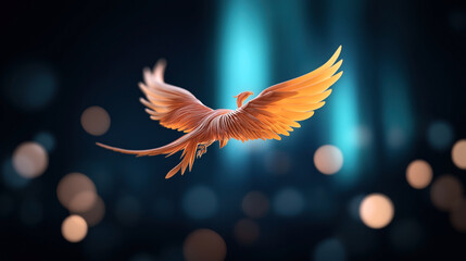 Digital artwork of a soaring mythological phoenix with fiery orange feathers against a blurred, bokeh-style background of blue and orange lights, symbolizing rebirth and renewal.