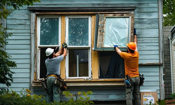 Two workers are repairing a window on an older house, using tools and wearing safety gear, indicating a renovation or restoration project.