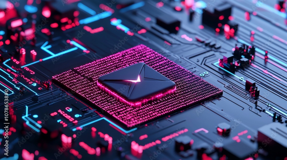 Poster this vivid red email icon illuminates on a dark, digital circuit board symbolizing online communicat