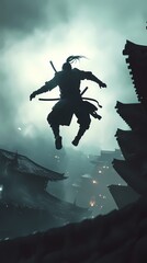 Fototapeta premium Silhouetted Samurai Leaping Over Cityscape
