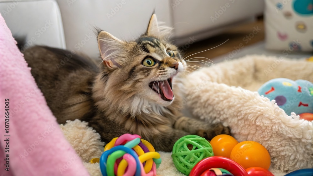 Poster whimsical close-up of a playful cat with funny expressions surrounded by colorful toys and soft text