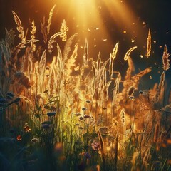 Sunlit Meadow Grass Tall swaying grass blades illuminated by gol - obrazy, fototapety, plakaty