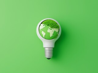 A green light bulb on a green background. Green energy. Renewable energy. Environmental protection, renewable, sustainable energy sources.