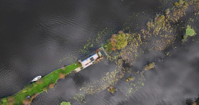 loosdrechtse plassen, water village, house on water, nature of The Netherlands. Breukelen, Scheendijk, aerial drone view.