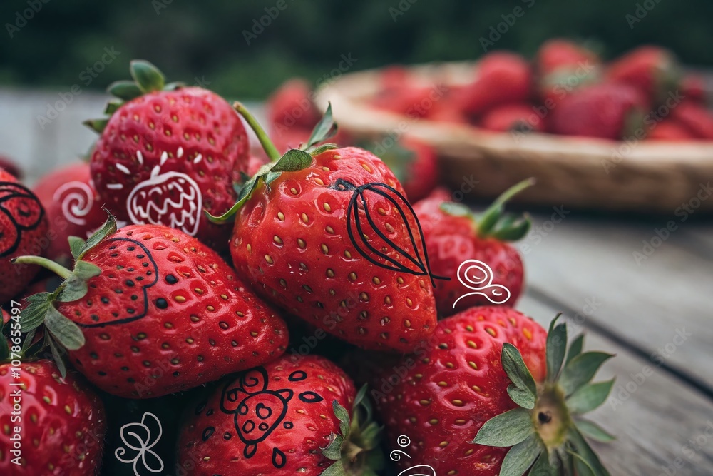 Poster whimsical red doodle strawberries in a playful pattern for creative visuals and artistic designs