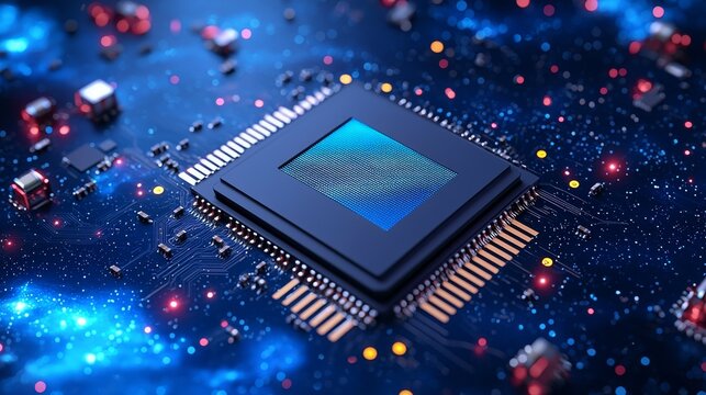 A quantum chip with a dense starfield background, merging space wonders with high technology