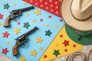 Whimsical Wild West Seamless Pattern Featuring Revolvers, Cowboy Hats, and Sheriff Stars Tailored for Children's Playful Decor and Imaginative Adventures