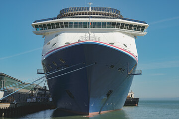 Modern family cruiseship cruise ship liner Miracle docked at terminal pier in San Francisco port...