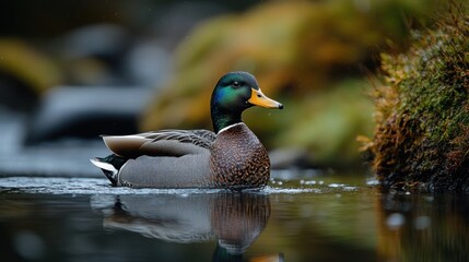 Mallard Duck Swimming in a Tranquil Stream