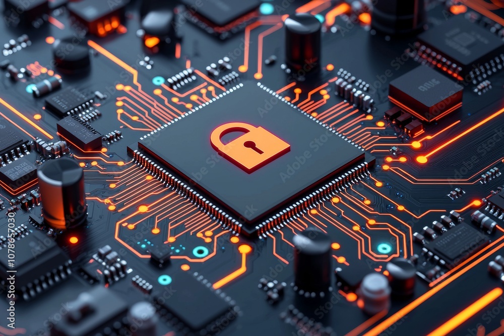 Aufkleber microchips with padlock icons represent strong data encryption and hardware security.