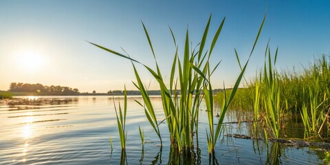 Fototapeta premium Young Reeds Growing in a Serene Lake Under Bright Sunlight on a Clear Day, Showcasing Nature's Beauty and Tranquility in a Vibrant Landscape Setting