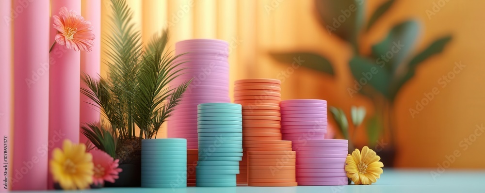 Poster vibrant colored stacks of circular objects with flowers and greenery against a bright background, cr
