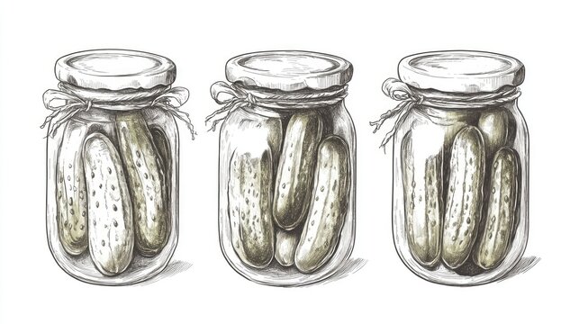 Three jars of pickled cucumbers, hand drawn in black and white.