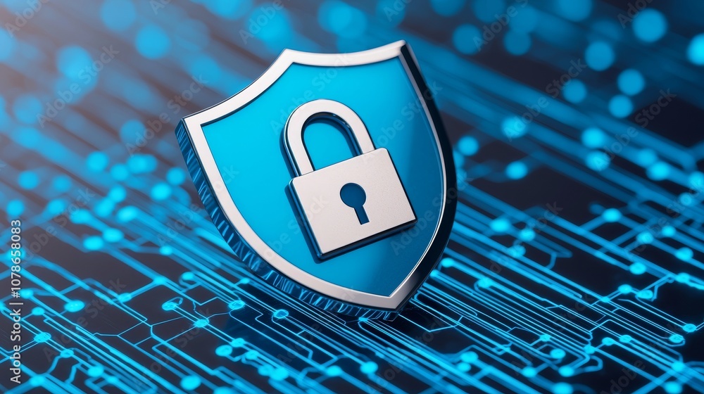 Poster the shield icon on secure global network represents cyber security and information protection, an ad