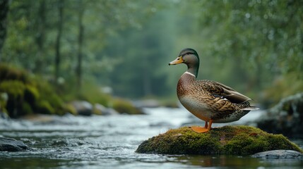 Obraz premium Duck on a Rock by the Stream