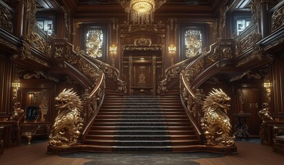 Obraz premium AI generator image of Chinese decoration room, retest Chinese dragon carved wood stairs,Chinesedragon carved solid wood sofa,magnificent architecture, full oflight, Luxurious gold tones