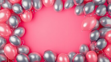 Obraz premium A festive frame of silver and pink balloons on a bright pink background.